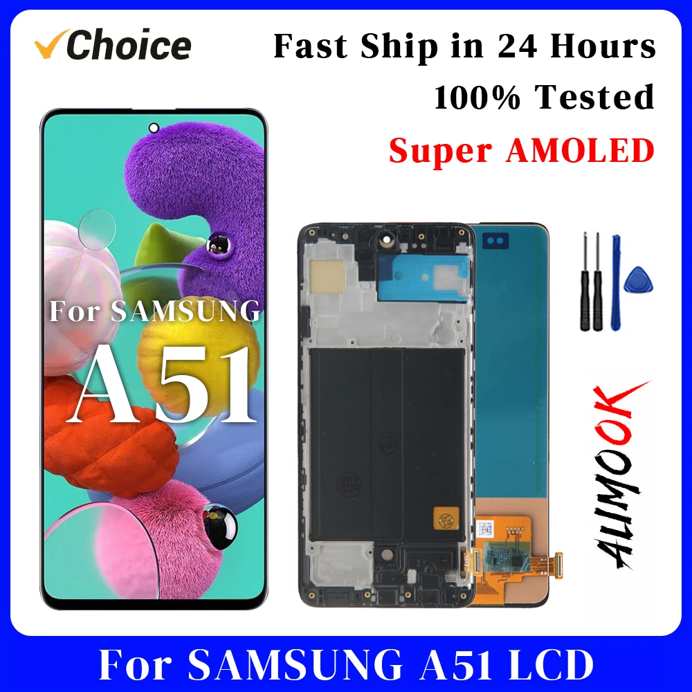 A51 Super AMOLED For Samsung A51 Screen LCD Display Digitizer Assembly Parts SM A515F A515U A515W A515X With Frame Touch Screen