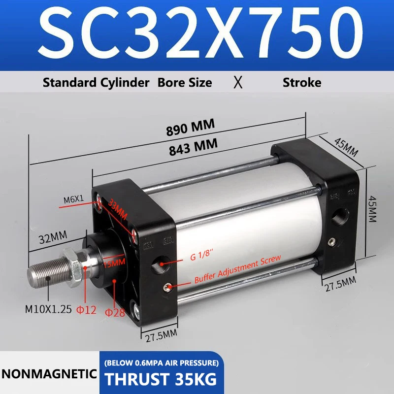 ABILKEEN SC32X750 Standard Pneumatic Cylinder 32mm Bore Size X 750 MM Stroke Double Acting Air Standard Cylinder