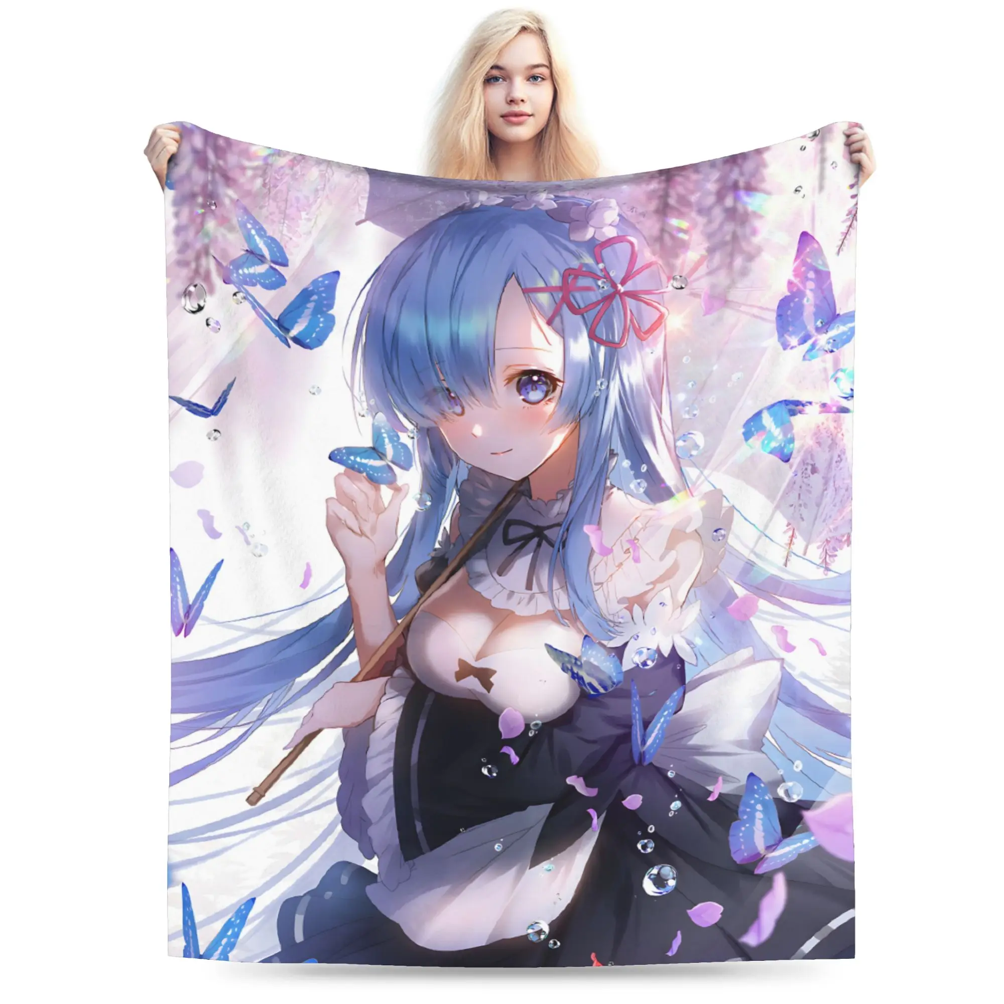 R-Re Zero Rem Anime Blankets Velvet Autumn/Winter  Multi-function Lightweight Thin Throw Blankets for Bed Car Bedspreads