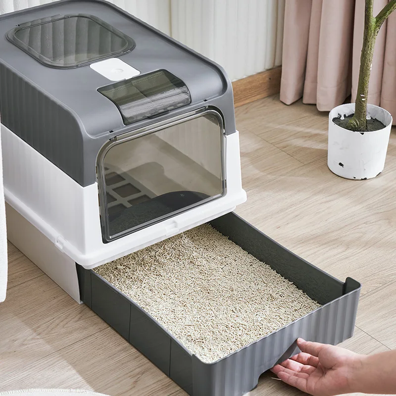 Wholesale Pet Cleaning Automatic Cat Toilet Products Plastic Large Space Box Closed Cat Litter Box Cat Litter Trays