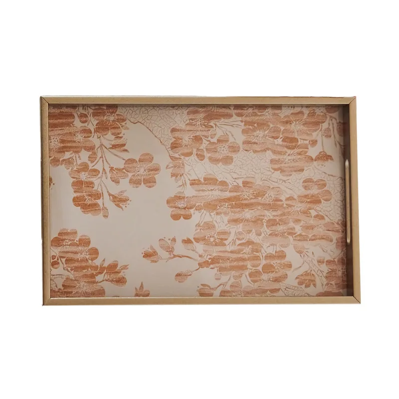

Modern simple floral gold tray ink rhyme corrugated black decorative tray living room coffee table long round storage tray