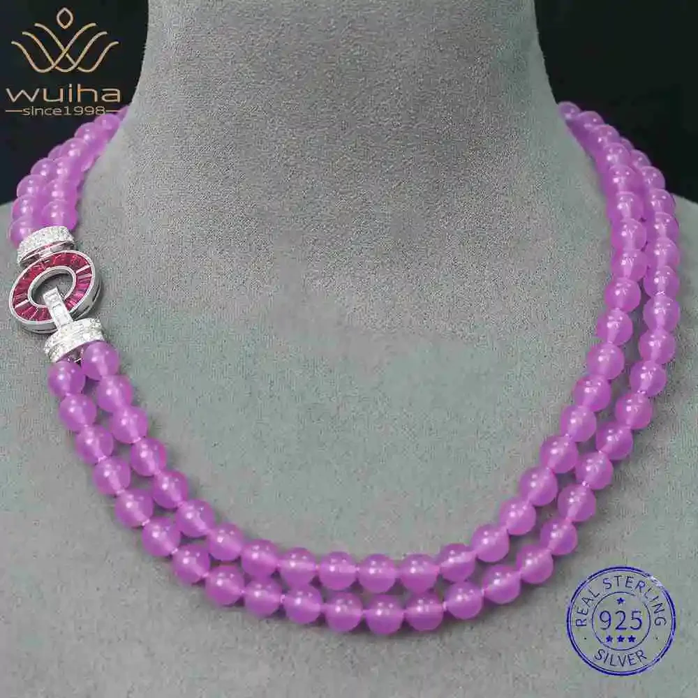 WUIHA Vintage 925 Sterling Silver Purple Jade Ruby High Carbon Diamonds Gemstone Beads Chain Pendant Necklaces Fine Jewelry