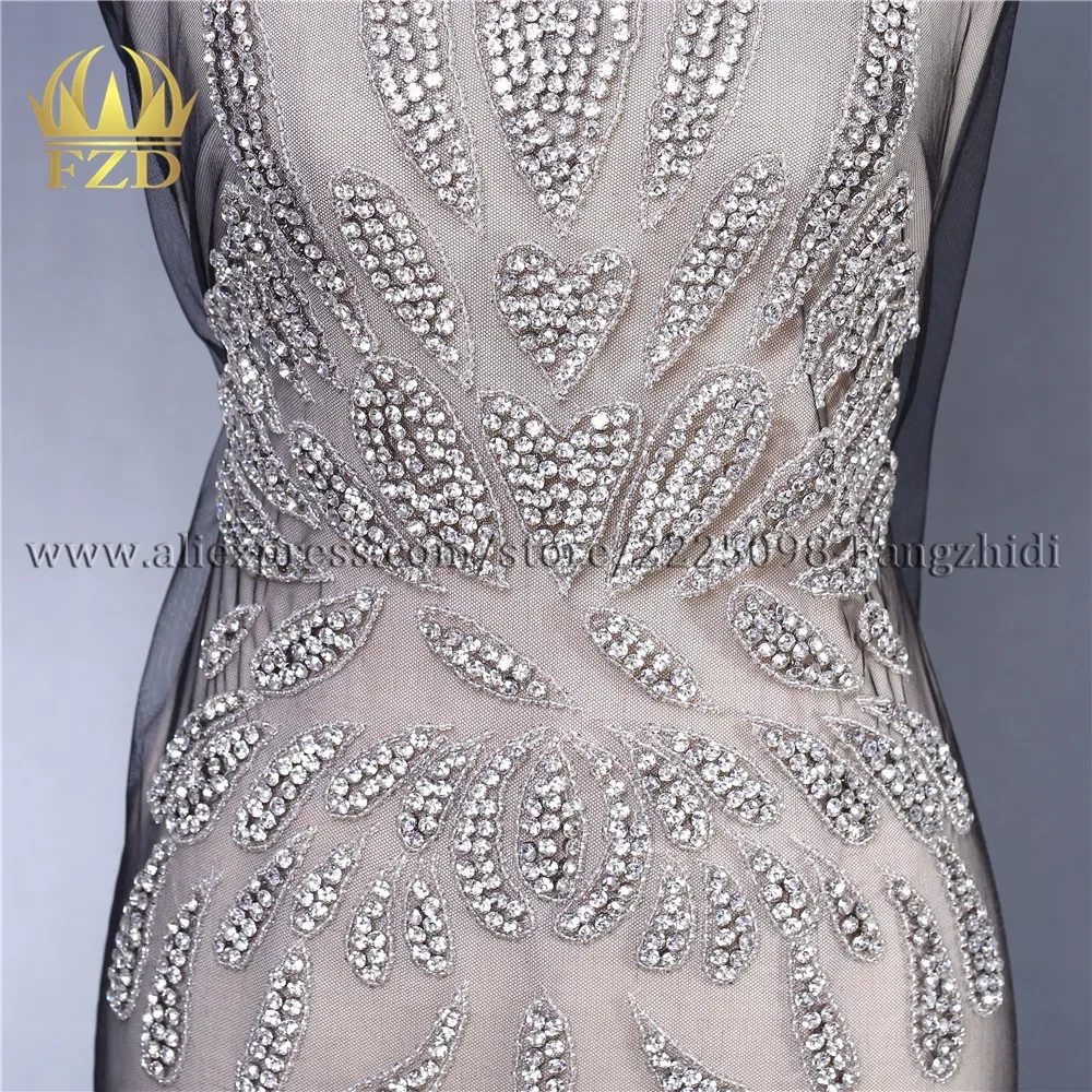 FZD 1 Set Front&back Silver Rhinestone Patches with Black mesh applique for Women Dress Gown Fabric &Sewing Supplies Apparel