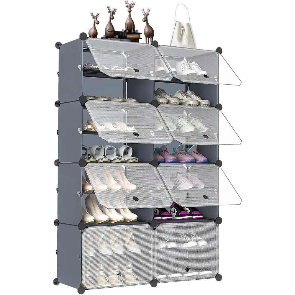 Shoe Rack for Entryway,8 Cube 16-Tier Shoe Storage Cabinet32Pairs Plastic Freestanding Shoe Organizer DIY for Entryway,Dark Grey