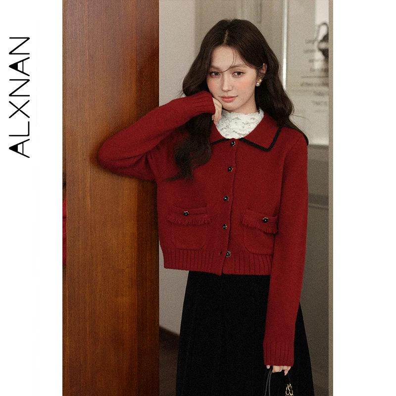 ALXNAN المرأة سترة مشغولة من الصوف اللون حجب الربط زر بلاكيت سترة ناعمة الشباب لطيف السيدات الإناث القمم L57827