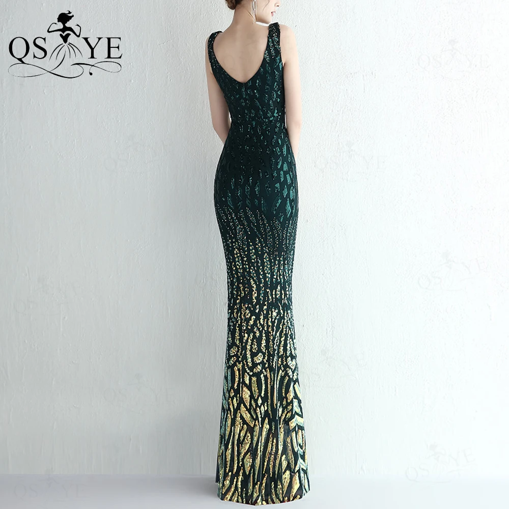 Fading Green Mermaid Prom Dresses Unique Pattern Sequin Lace Evening Gown Mix Color V neck Backless Emerald Formal Party Gown