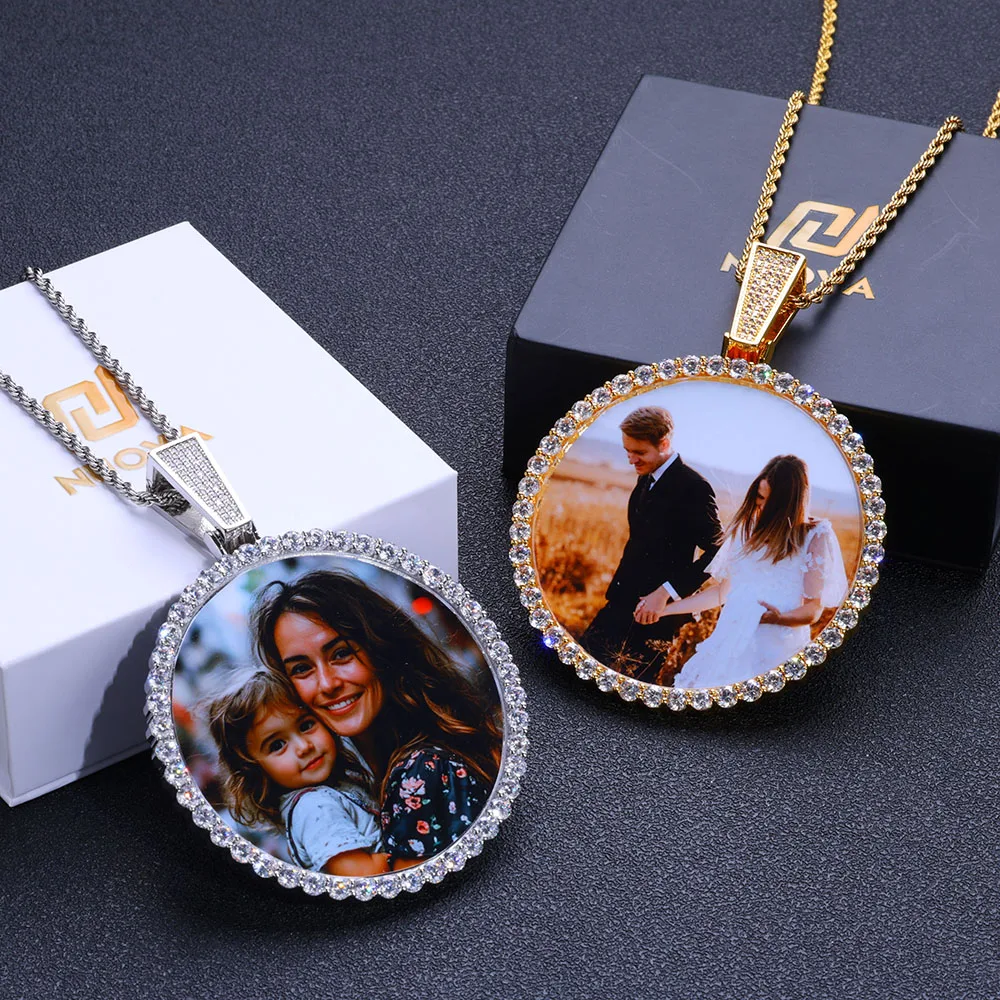 Custom Photo Pendant Necklace Oversized Circle Iced Medal Suitable For Couples Family Friend Memory Picture Pendant Gift Jewelry