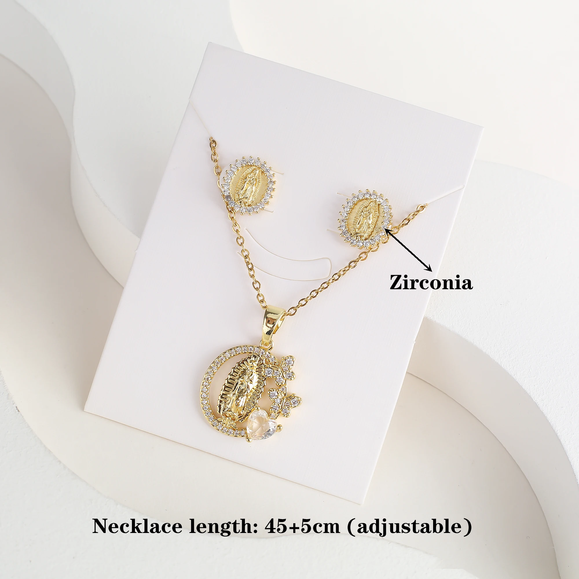 Classic Anti-Allergic Maria Pendant Necklace Set High Quality Zirconia 18K Gold Plated Stud Earrings Women Girls Religious Gifts