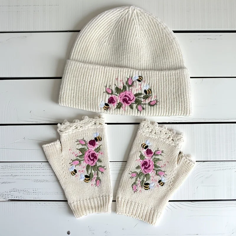 Cross-border Bestseller Autumn/Winter New Ladies Knitted Gloves and Hat Set with Warm Wool Embroidered Bees and Small Flowers