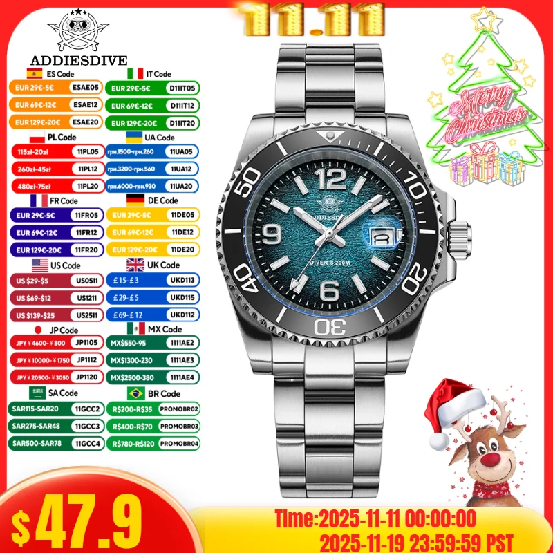 Addiesdive 2025 ساعة رجالية جديدة 200 متر مقاومة للماء ساعة رياضية خارجية BGW9 ساعة كوارتز مضيئة للغاية Relogios Masculino 2513