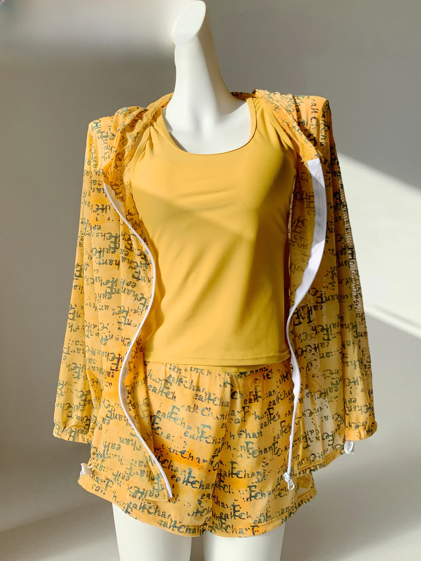 Spor fiti Letter OL White Enhancing Yellow Tee-Piece Women's Swimsuit with Hooded Cover up Slimming New Model