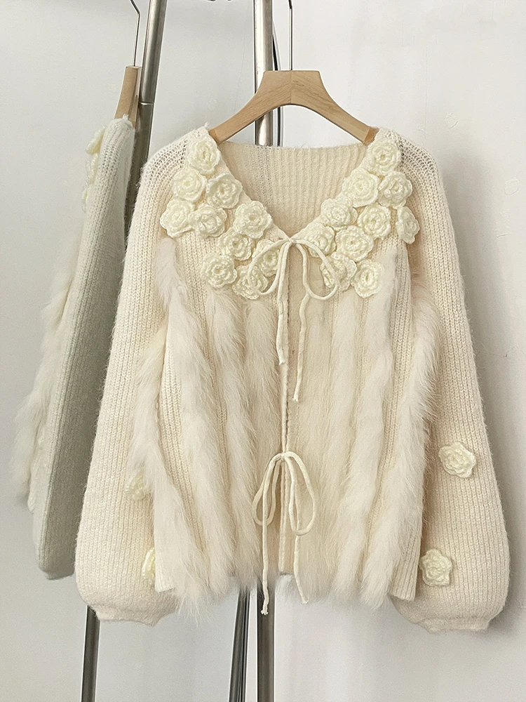 

2025 New Spring Winter Real Fox Fur Cardigan Clothing Women 3D Flowers Kint Sweater Coat Female Loose V-neck Knitwear Jacket