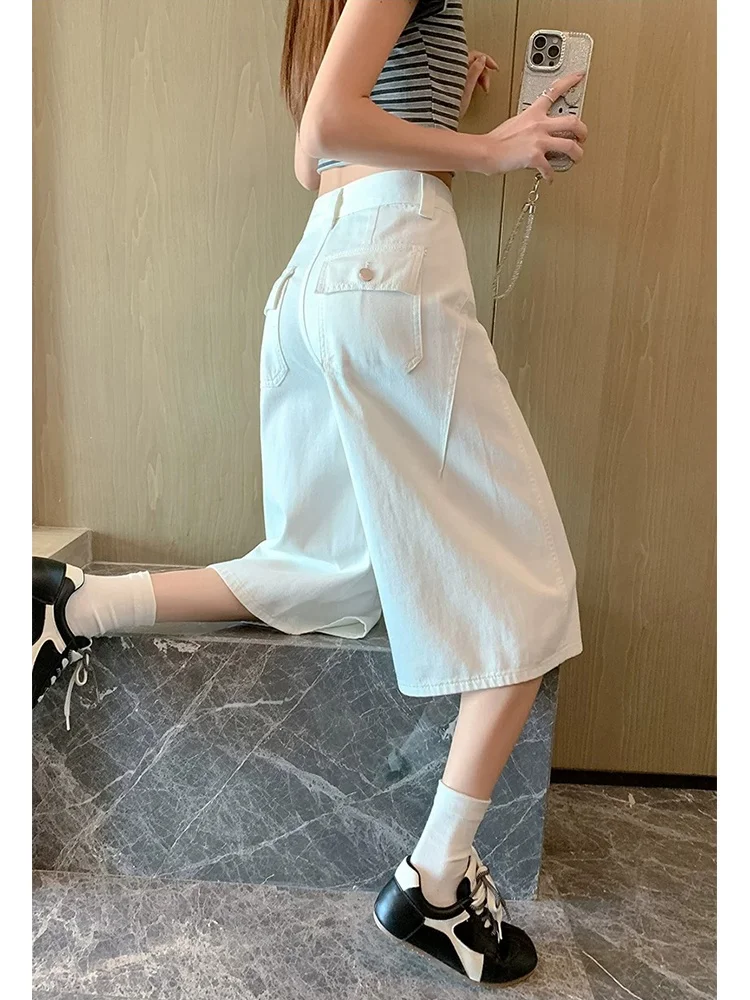American Retro White Seven-Quarter Denim Shorts Women's Summer New Small Straight Loose Wide Leg Mid-Pants Breathable Comfort...