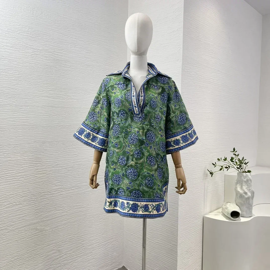 

Summer New Collection Re-tro Green Floral Print Linen High Quality Half Sleeve Women Loose Mini Dress