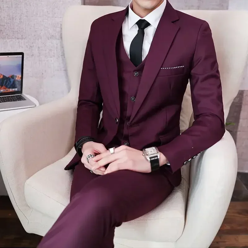 

2026 Suit (Blazer+vest+pants) Fashionable and Formal Outdoor Gentleman Solid Color Men's Business Wedding Host Gentleman's Suit