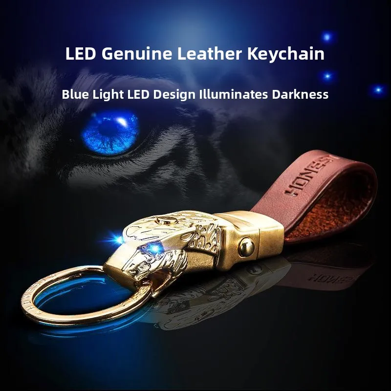 Creative Leather Keychain Waist Hanging Lamp Key Holder Women's Style Small Flashlight Key Ring Fashionable Accessory