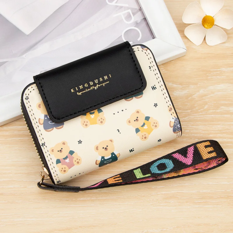 نمط جديد المرأة حامل بطاقة قصيرة كتلة ألوان فريدة من نوعها صغيرة قابلة للطي متعددة فتحة للبطاقات لطيف الدب سستة محفظة نسائية للعملات المعدنية #6