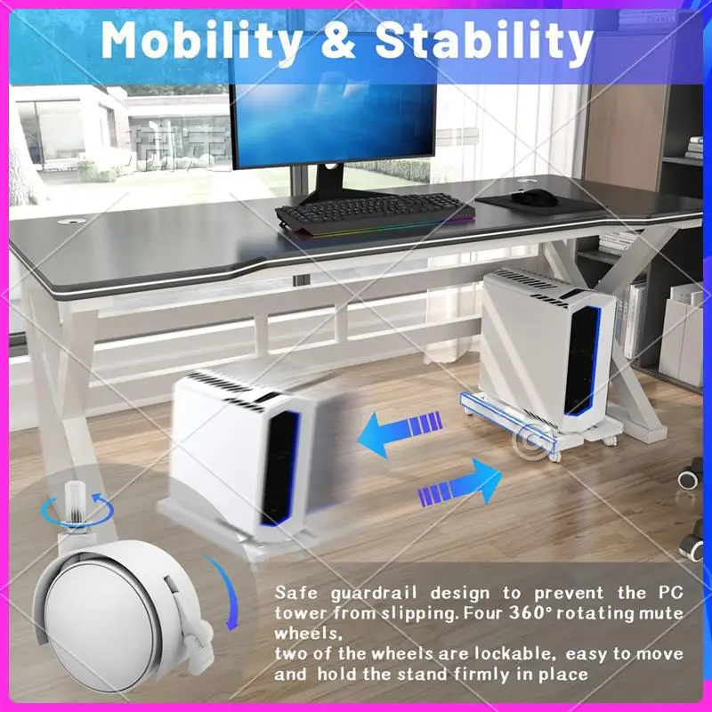 ABT-Adjustable Computer Stand PC Tower Stand With 4 Caster Wheels Fits Most PC, Under Desk Holder