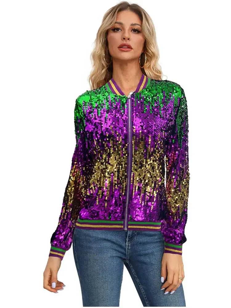 

Mardi Gras Sequined Jackets Casual Jacket Women Sequin Coat Bomber Long Sleeve Zipper Streetwear Casual Loose Glitter Outerwear