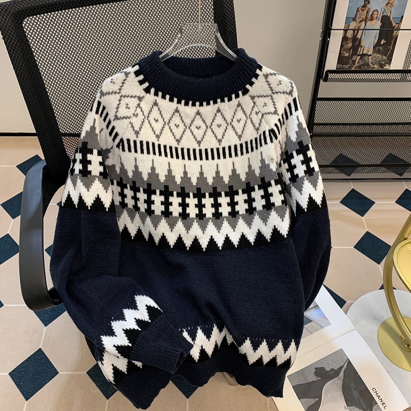 

Nordic Style Fair Isle Knit Sweater Men's Autumn Winter Heavyweight American Retro Loose Warm round Neck Embroidered Knitted Top