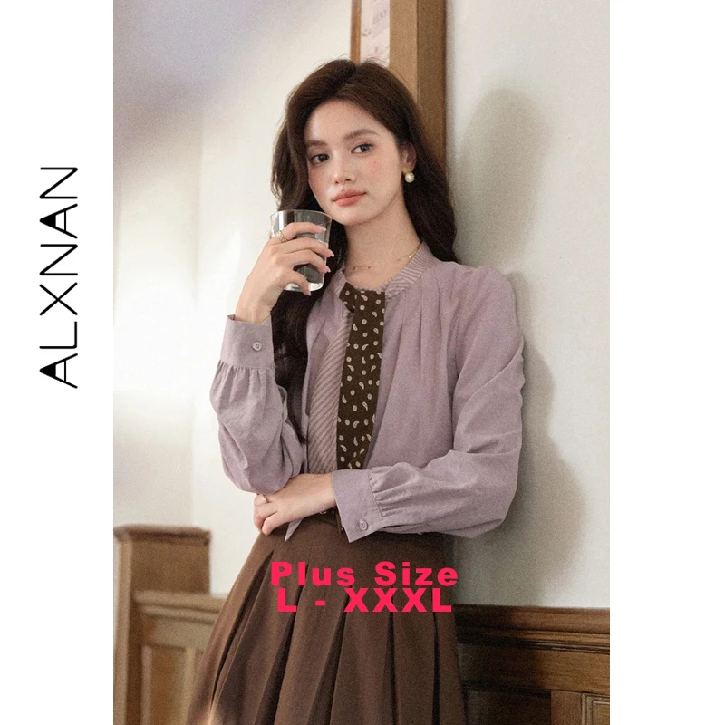 

ALXNAN Рубашка больших размеров в полоску с цветными блоками и завязками спереди, рубашка с длинными рукавами и обычными плечами, осенняя женская одежда свободного кроя D57952