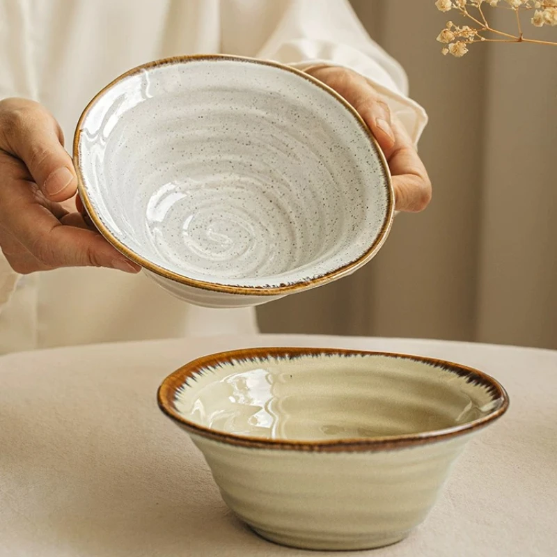 Retro Irregular Shape Japanese Style Ceramic Bowl Thickened Thread Ramen Dessert Salad Serving Bowl Daily Household Tableware