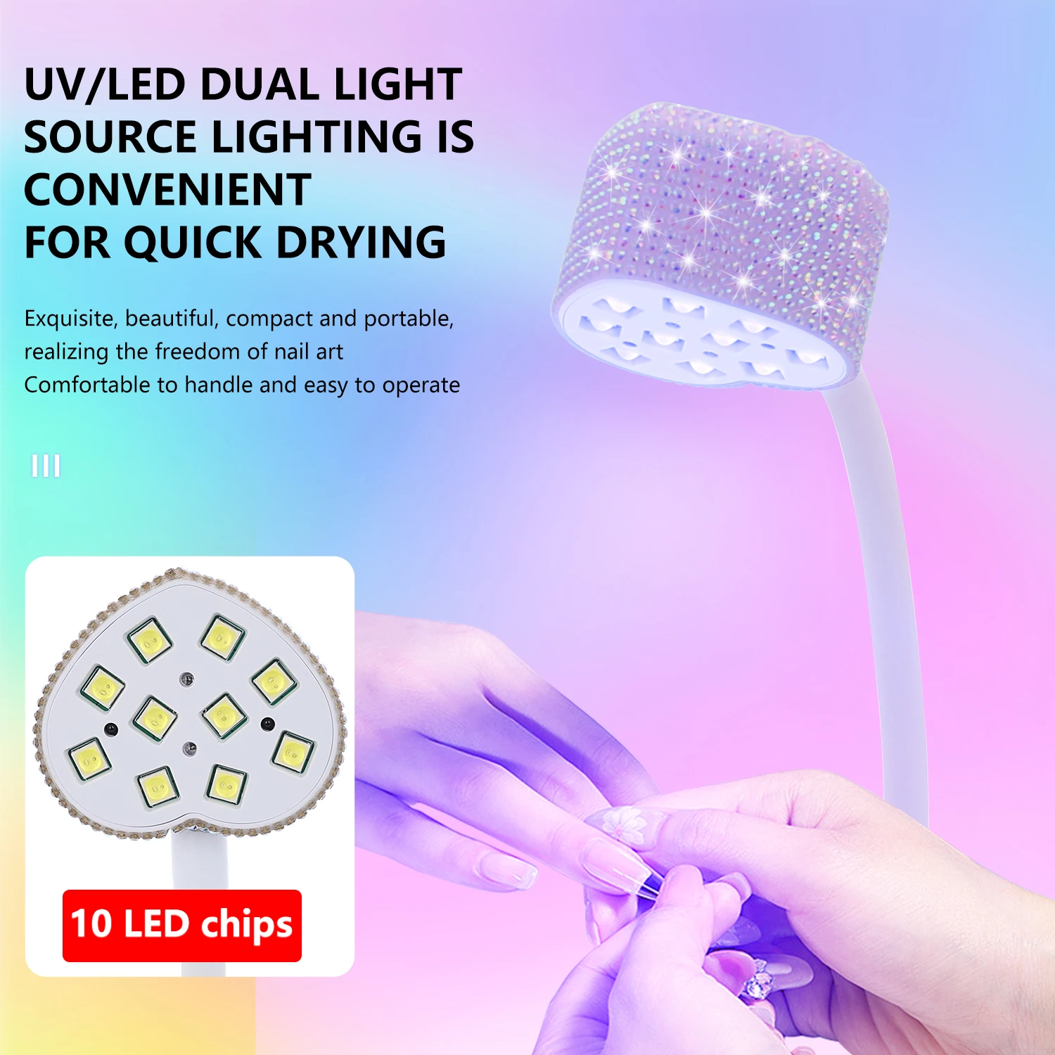 مصباح أظافر احترافي LED ذو 3 أوضاع لديه تحريض خاص به، وهو يمكن توسيعه بزاوية 360 درجة مع مثقاب لتجفيف أظافر بوليس بسرعة