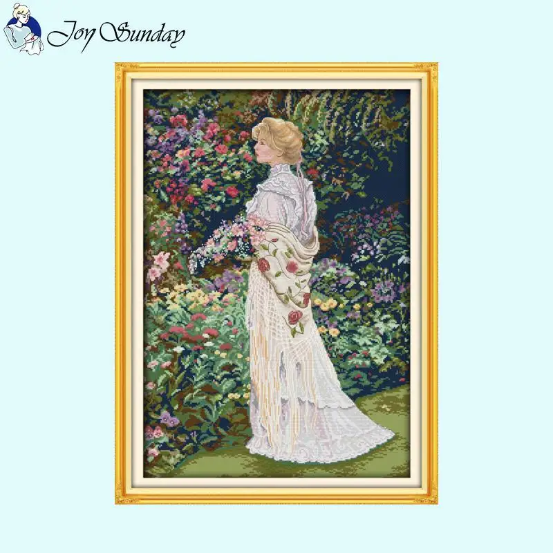 Flower Picking Beauty DIY Character Cross Stitch Embroidery Aida 14CT16CT 11CT White Canvas Printed Fabric Needle and Thread Kit