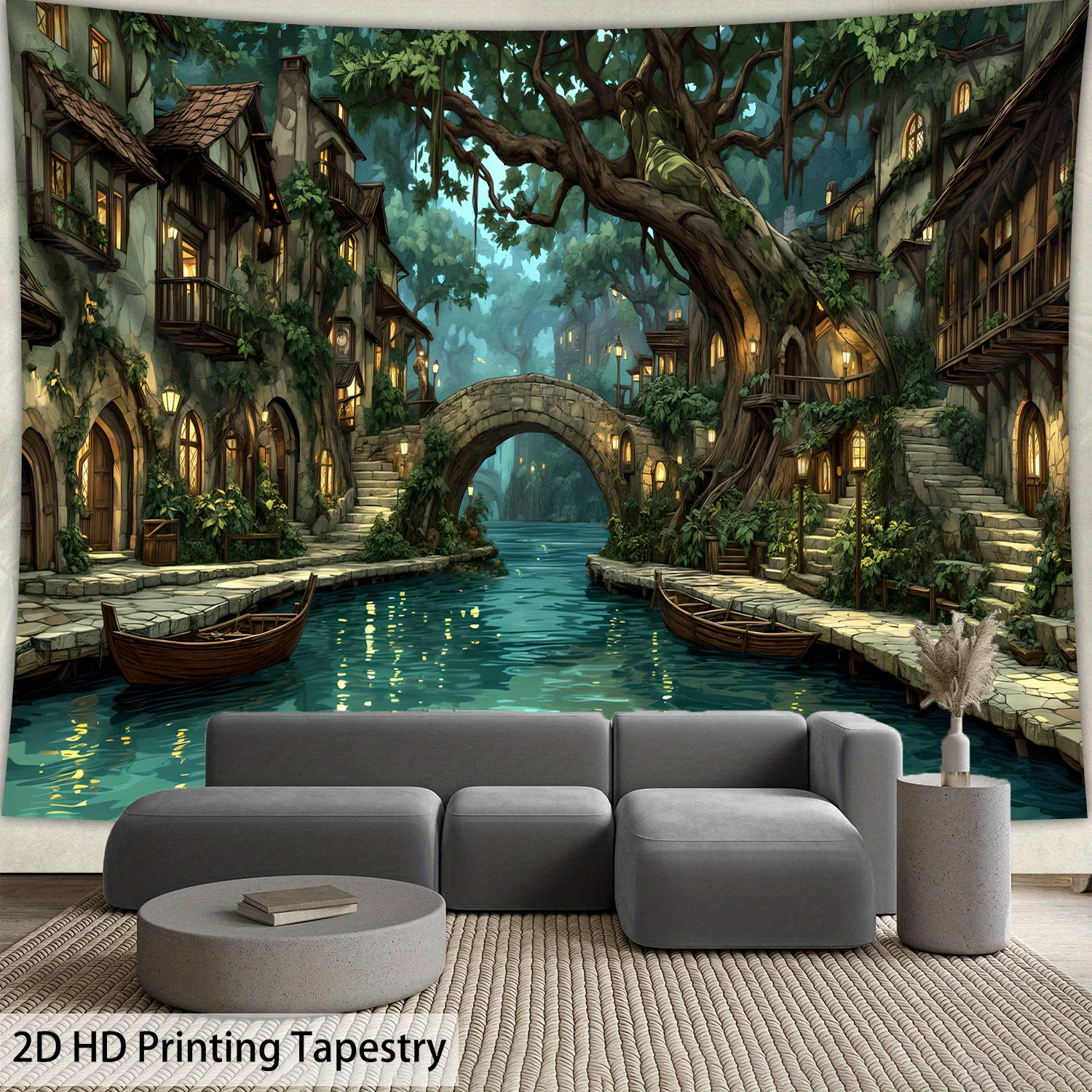 2D Flat, 1pc Large European Village Tapestry Wall Hanging - Stone Houses & Arch Bridge River Landscape, Horizontal Textured Poly