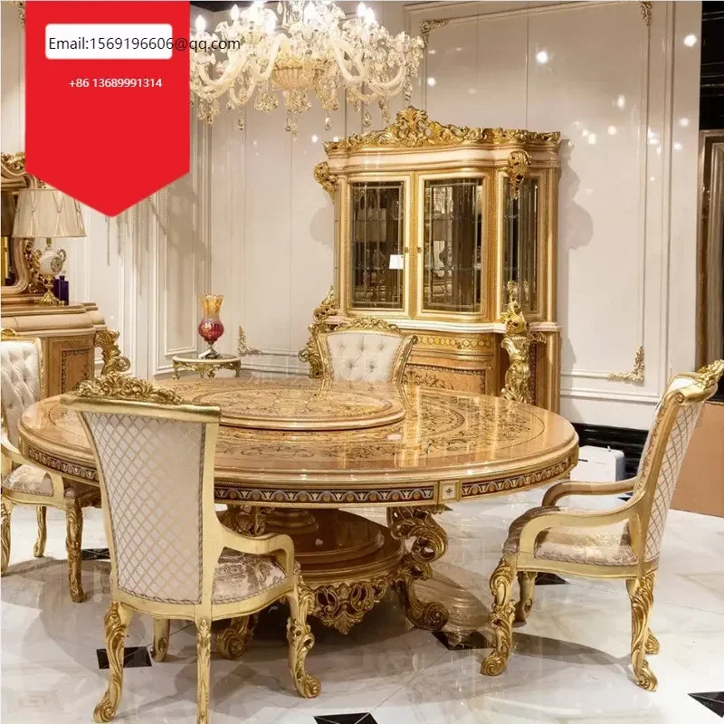 

European luxury solid wood dining tables and chairs, wood carving art, French court dining room furniture