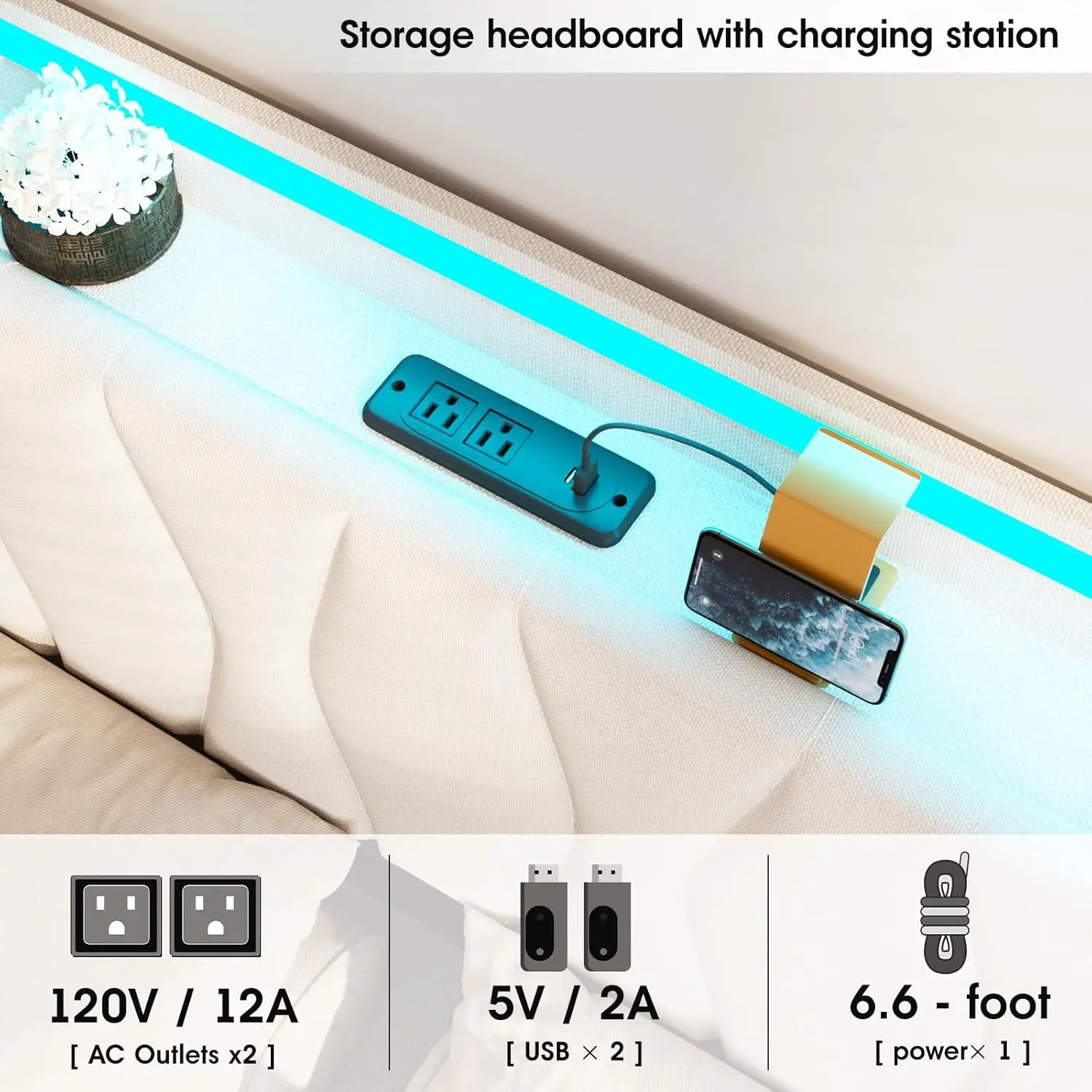 Lift Up Storage Bed Frame, Height Adjustable Storage Headboard with Charging Station, LED Lights Upholstered Platform Bed