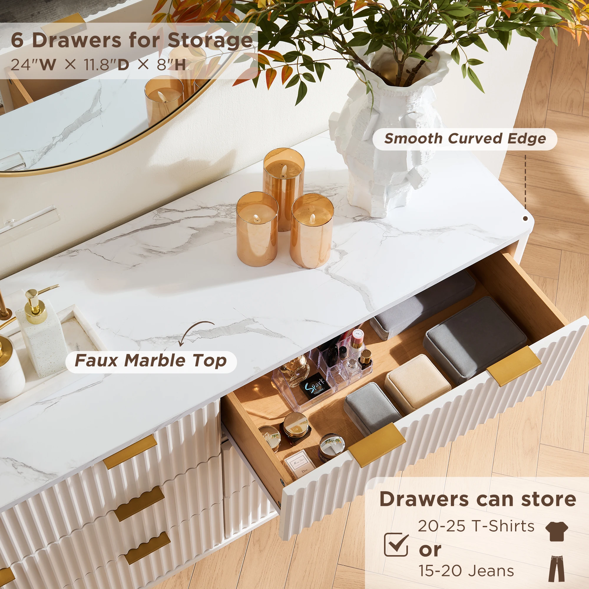 خزانة ذات 6 أدراج من Redlemon Fluted، خزانة ذات أدراج عصرية واسعة مقاس 54 بوصة مع سطح من الرخام الصناعي #6