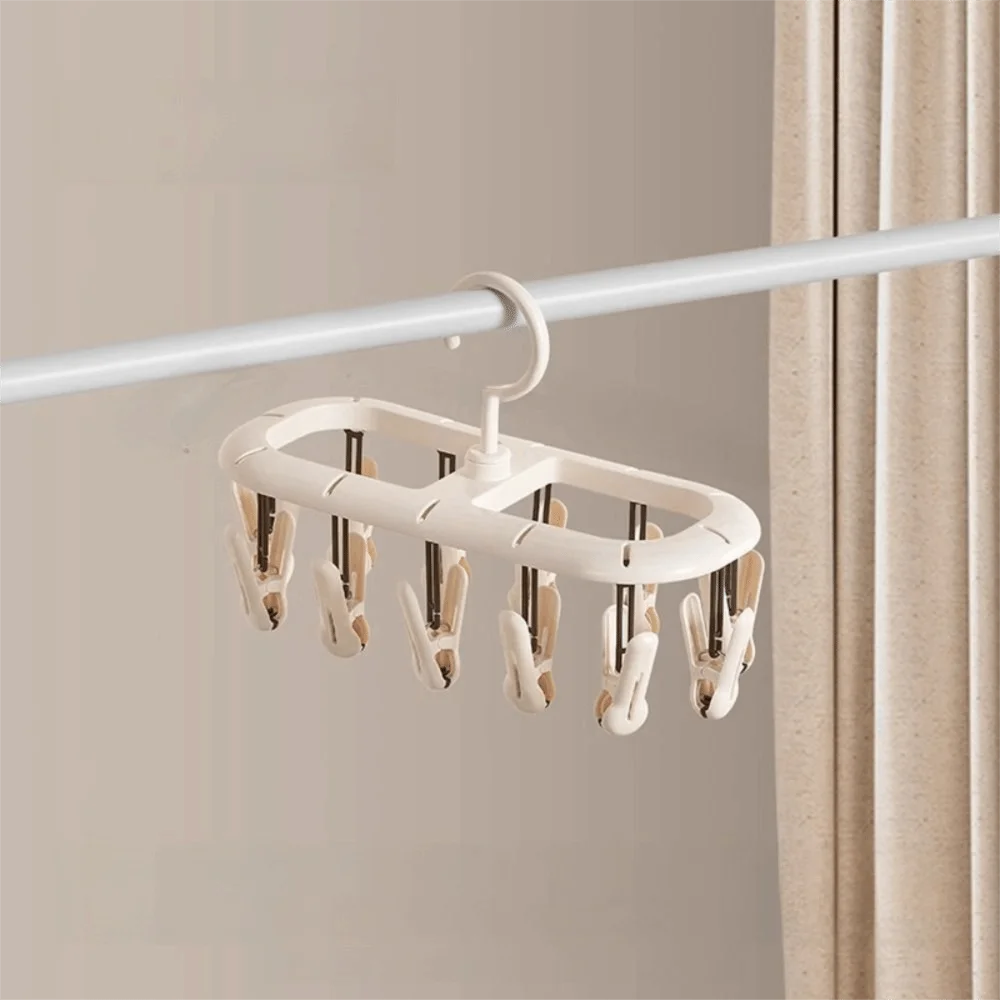 

Thickened Design Sock Drying Rack 12/20 Clips with Extended Rod Baby Clothes Hanger 360° Rotatable Non-slip