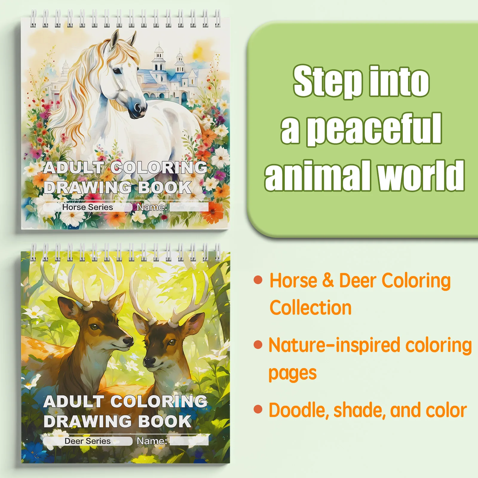 Animal Adult Coloring Book Set 2-Pack: Horse & Deer Coloring Drawing Books, Top Spiral Bound, 30 Pages Each