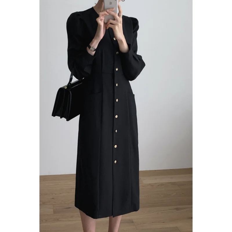 Chic Korean French Style Midi Dress Women's Slim Fit Single Button Bubble Sleeve Long Skirt Pure Color Street Trend Commute S...