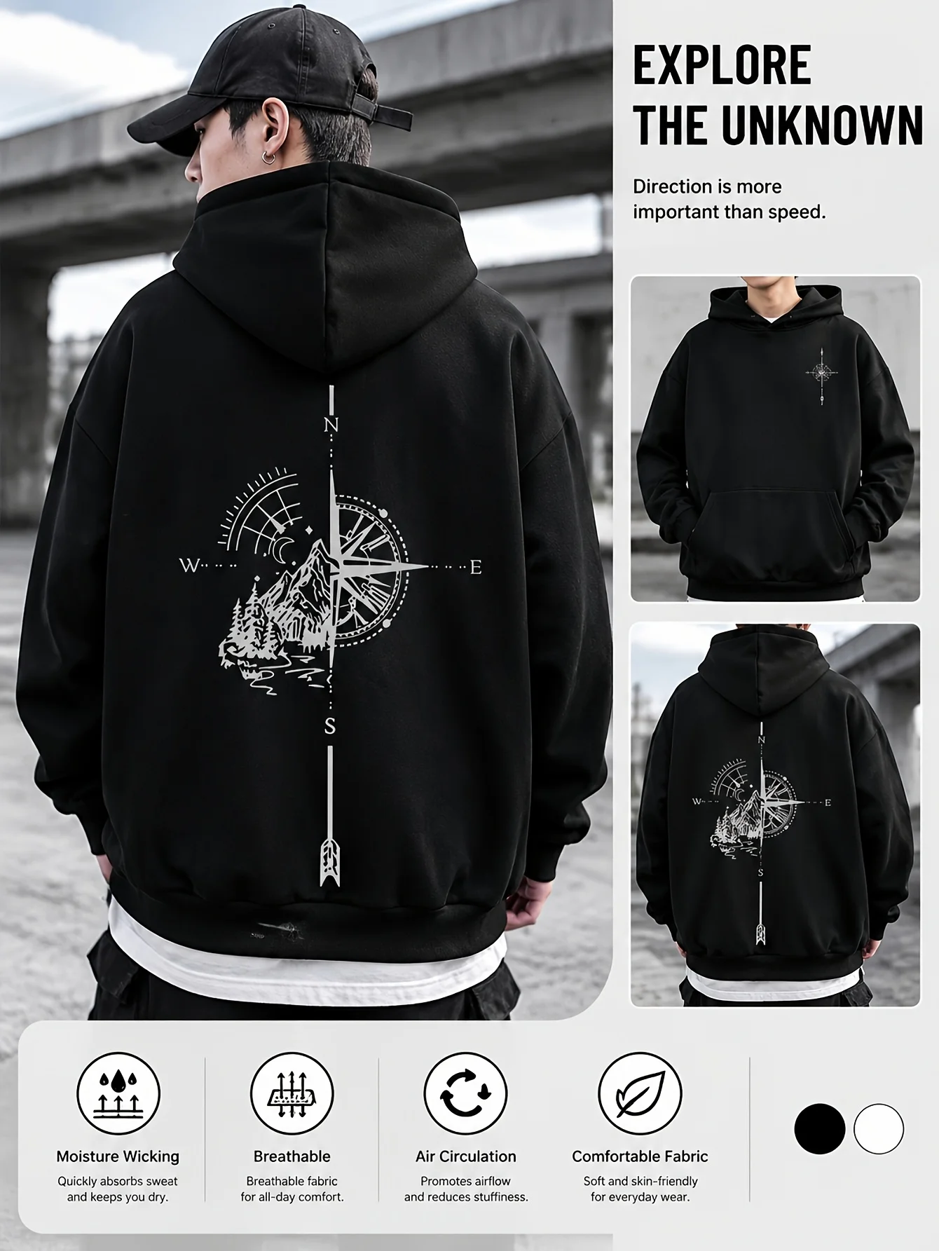Men's Black Hoodie with Patterns Suitable for Outdoor Adventures Made of Comfortable Fabric Featuring A Stylish and Casual Style