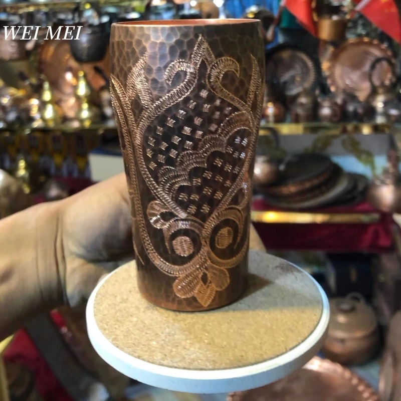 

Pattern Random Vintage Pure Copper Coffee Mug,Camping Straight-Shaped Beer Cup,Handcrafted Carving Unique Art Gift Mug Tableware