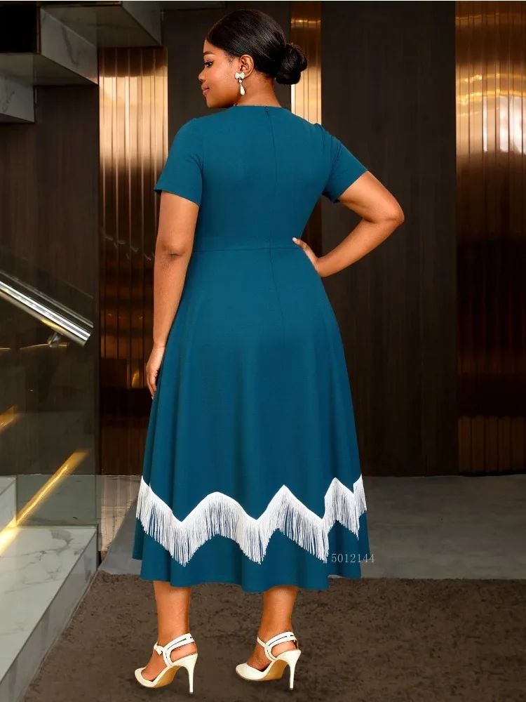 Chic Plus Size A Line Midi Dresses for Women with Fringe Trim and Belted Waist Perfect for Vintage Party or Elegant Day Events