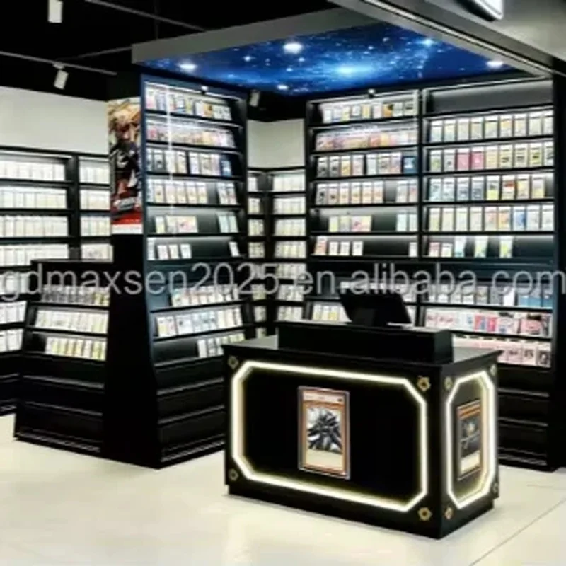 custom.Black Modern Portable Freestanding LED Light Trading Card Display Cabinet Lockable Acrylic Glass Adjustable Shelves E