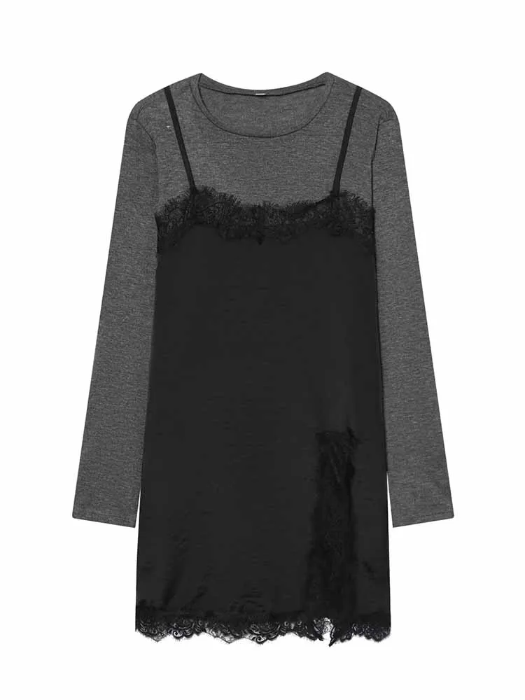 

HH Woman Spring Long Sleeves Round Neck Fake Two Piece Set Lace Decoration Sense Of Layering Dress Female Casual Versatile Dress