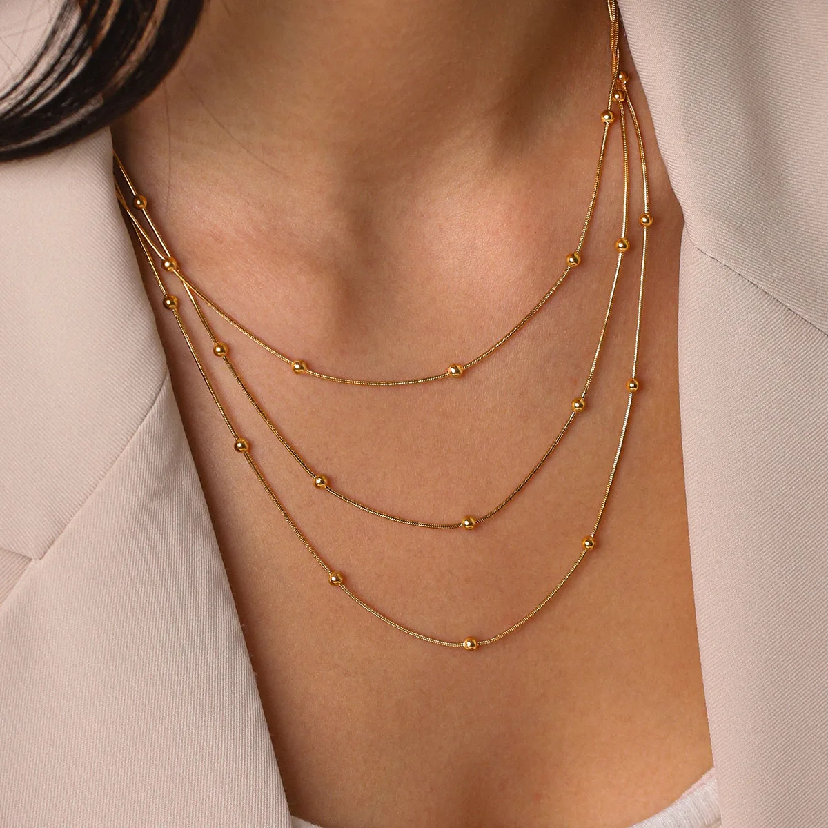 

Minimalist Multilayer Bead Necklace Gold Color Stainless Steel Women PVD Plated Non Fade Daily Elegant Gift Collar Steel Jewerly