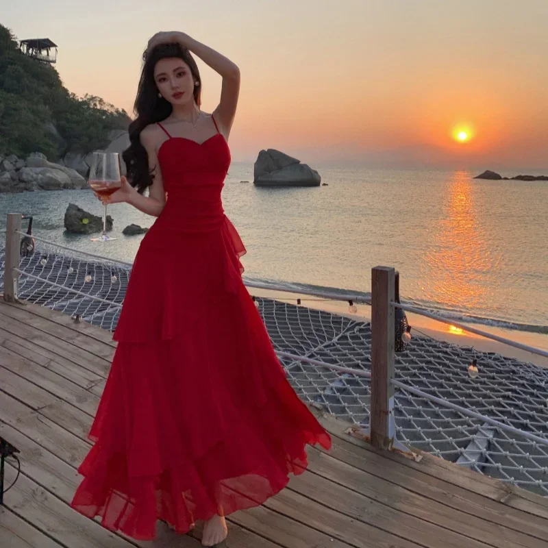 

High Quality Women's Sexy Club Evening Party Long Dresses Solid Sleeveless Spaghetti Strap Slim Waist Sweet Holiday Ruffle Dress
