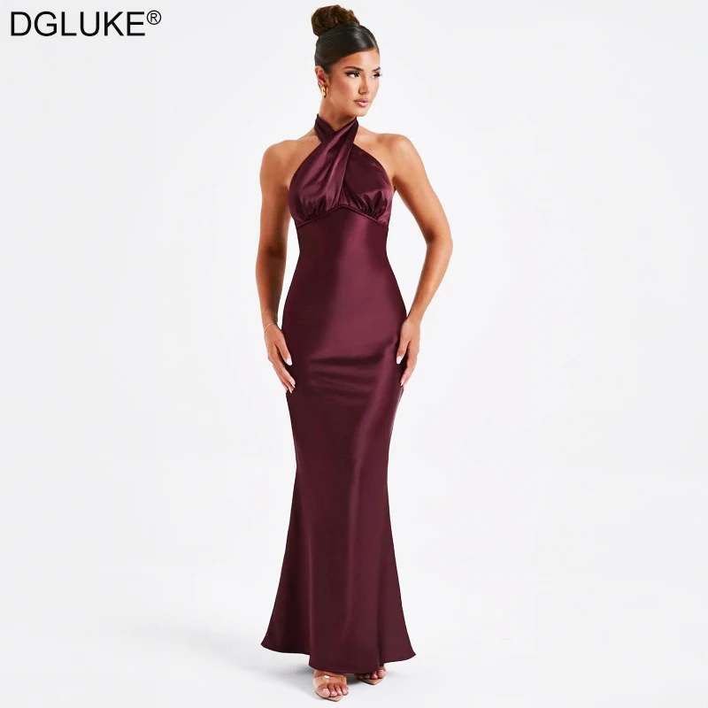 

DGLUKE Elegant Satin Long Dresses For Women Halter Neck Backless Maxi Dress Chic Mermaid Evening Formal Dress