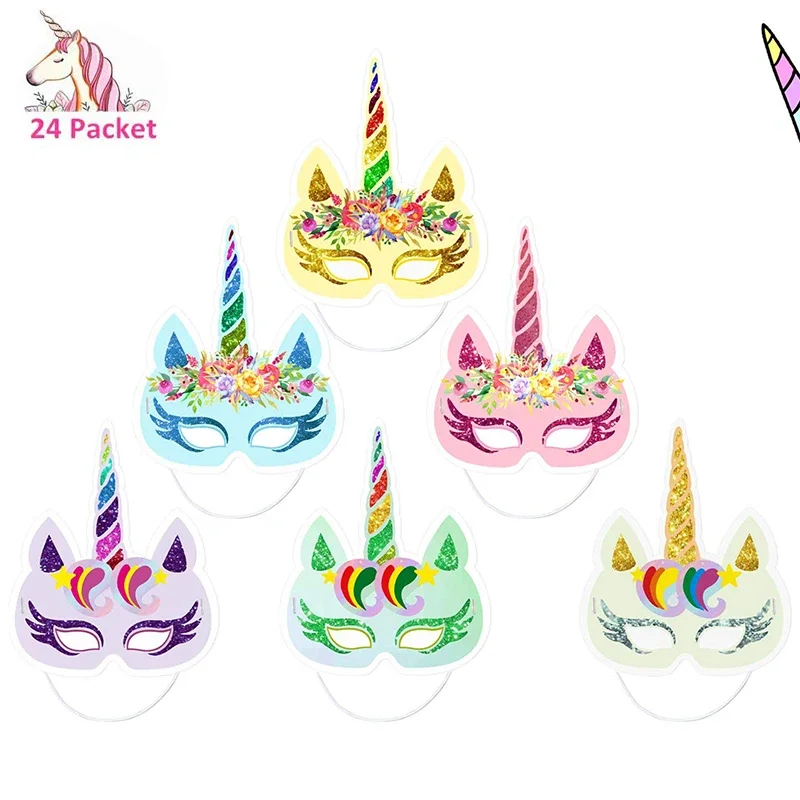 12/24Pcs Paper Unicorn Masks For Kids Rainbow Unicorn Theme Party Supplies Kids Birthday Party Favors