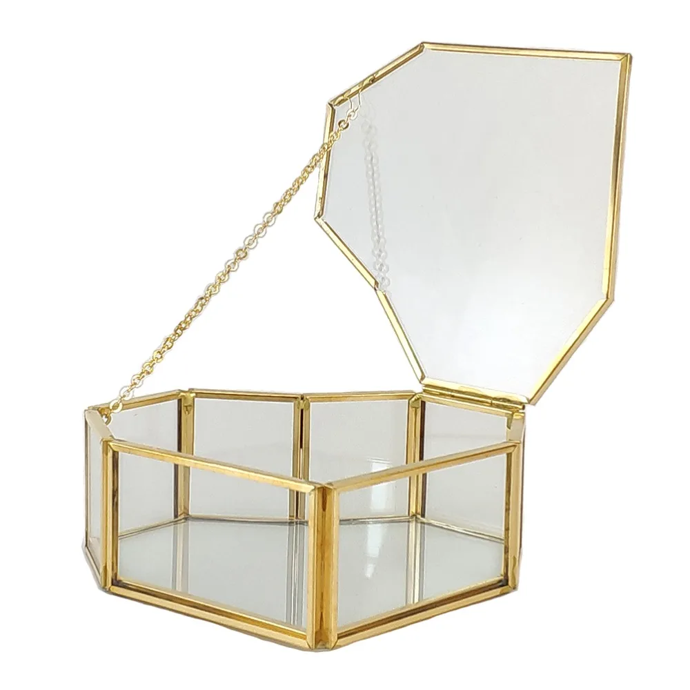 Compact Glass Jewelry Box Geometric Heart Shaped Ring Box With Lid Clear Desktop Organizer Desktop