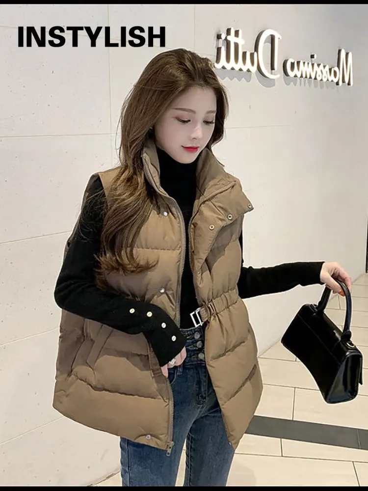 Elegant Puffer Vest Women Winter Stand Collar Sleeveless Jacket Vest with Belt Korean Harajuku Down Coat Casual Waistcoat