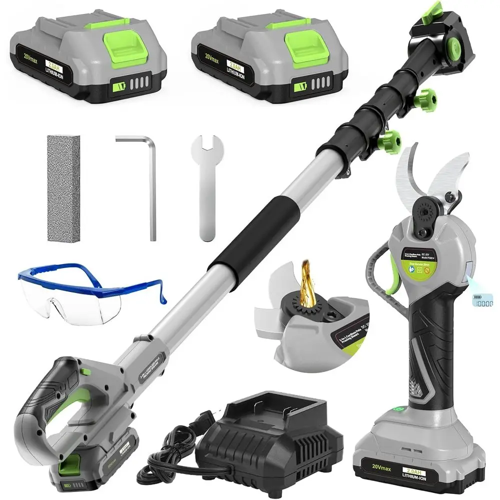 مقصات تشذيب كهربائية 2 في 1 لاسلكية، مقصات تشذيب كهربائية مع شاشة LCD، عمود قابل للتمديد بطول 8.8 قدم لتقليم الأشجار، مع 2 P