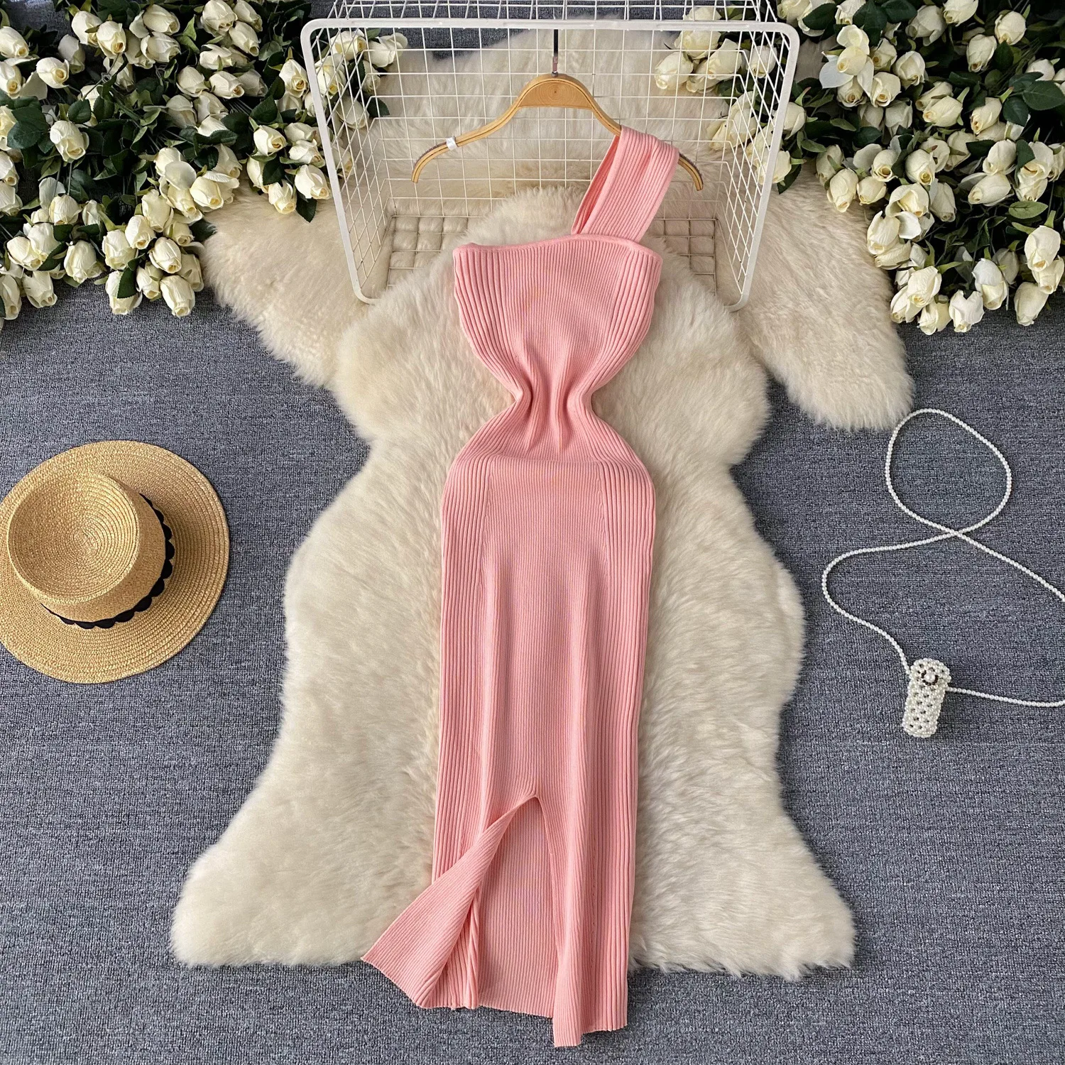 Bodycon vestido feminino vestidos longos malha gola inclinada praia sexy vestidos streetwear festa noite sem mangas elegante splice y2k 2025
