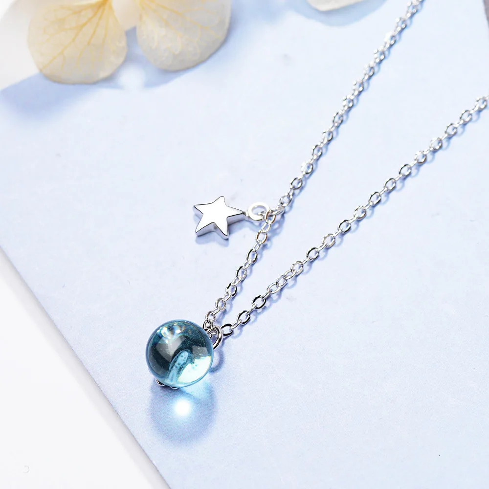 

925 Sterling Silver Blue Round crystal Necklace For Women Wedding Fashion Elegant Luxury Jewelry Wholesale Jewellery Argent 925