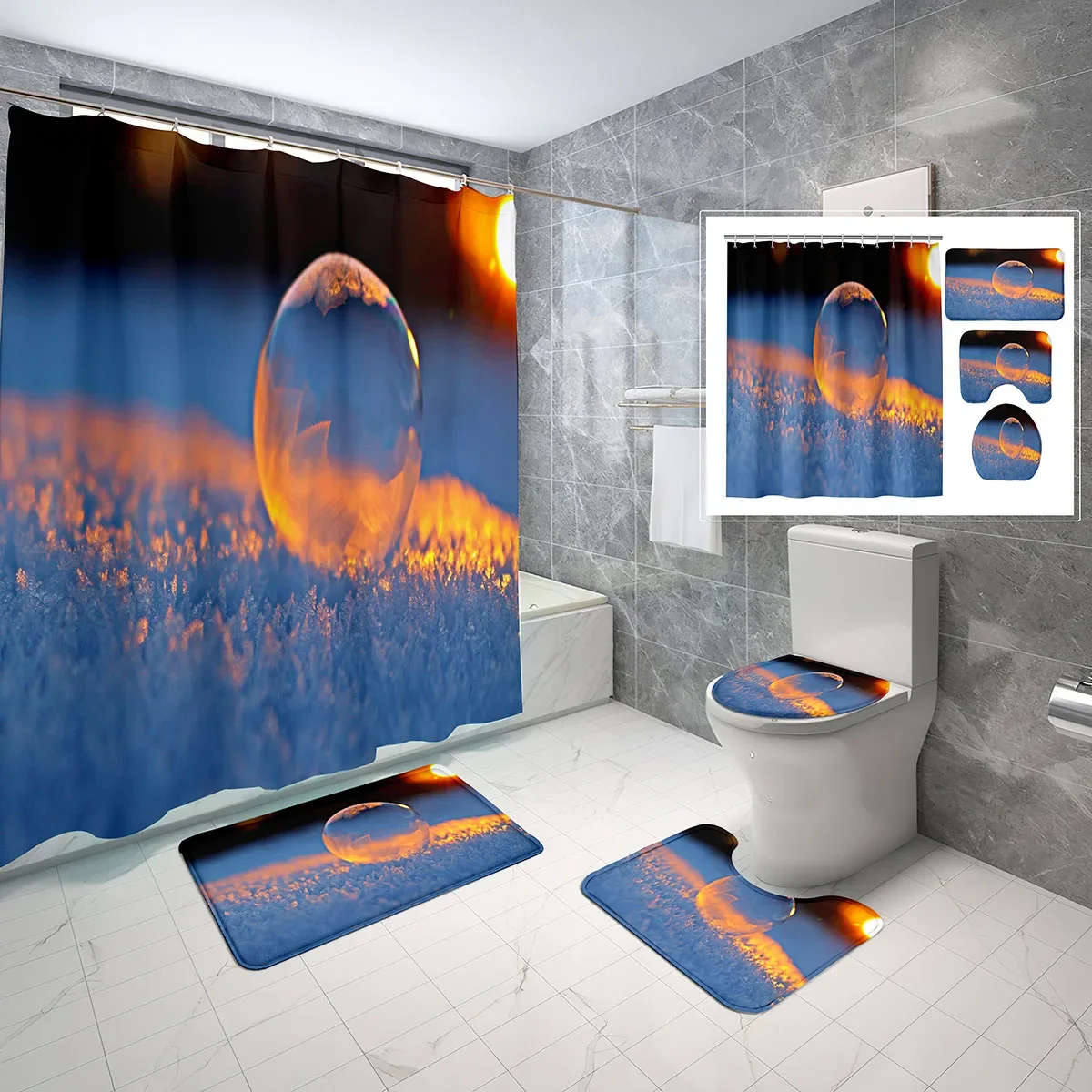 4 Pcs Glass Ball Bathroom Shower Curtain Set with Non-Slip Rug,Toilet Lid Cover and Bath Mat,Transparent Snow Shower Curtain Set